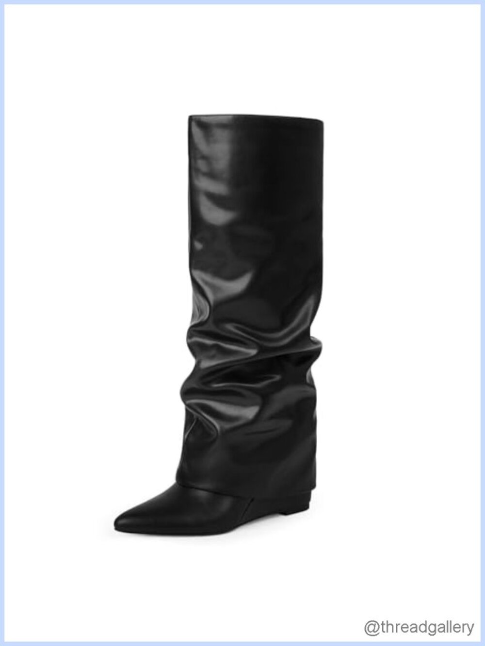 Faux Leather Knee High Fold Over Boots Pointed Toe Wedge Heel Tall Boots